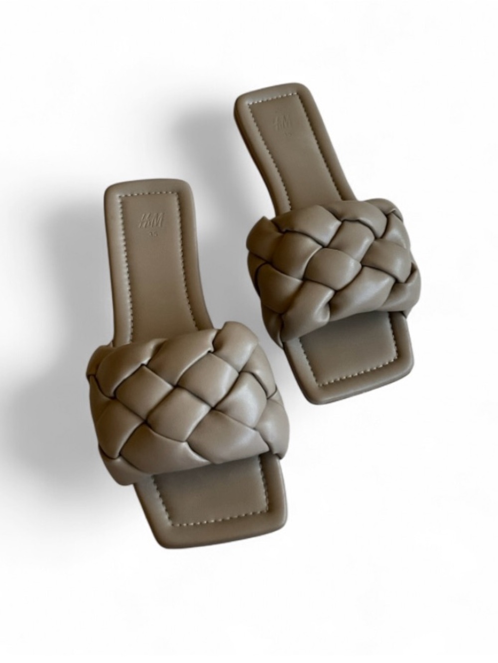 H&M Designer-esque Braided Square Toe Woven Slide Sandals in Taupe